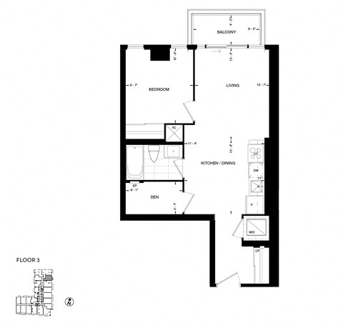 Floor plan for 1 bed, 1 bath, 607 sqft